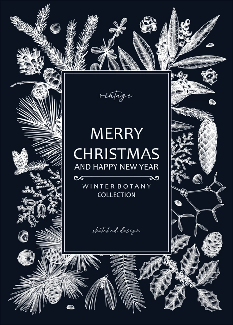 Merry Christmas card  on chalkboard with evergreen plants, conifers, and nuts drawing. Winter design with hand-drawn botanical illustrations. Vintage Christmas background, New Year invitation template